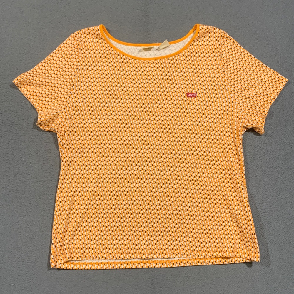 Levi's T-Shirt Womens XXL Orange Geometric Heart Ribbed Knit Scoop Neck Retro